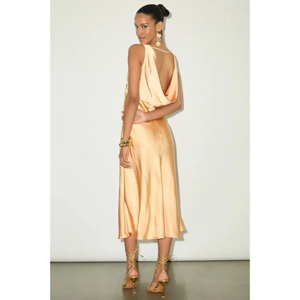 NEW Lulus Incredible Love Light Orange Satin Cowl Back Midi Slip Dress Size L